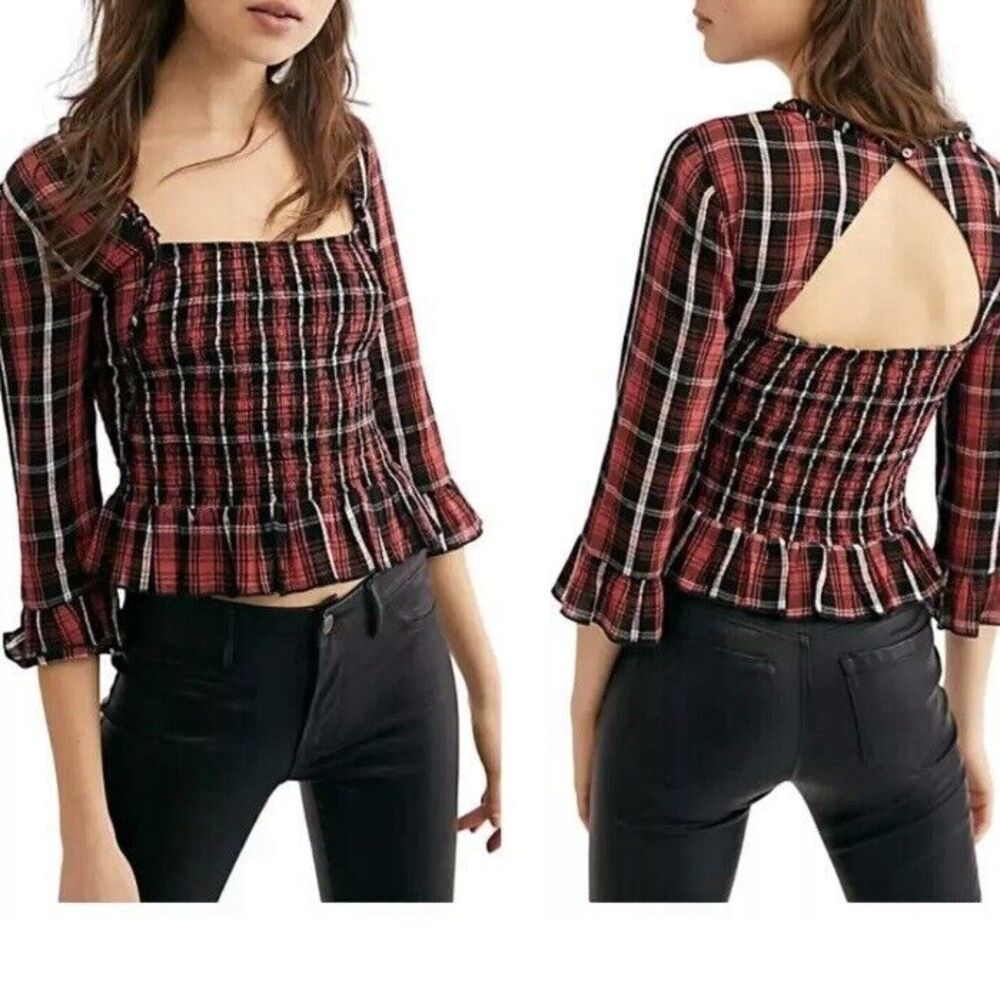 Free People Nicole Smocked Plaid Top Red Black Cropped Open Back Size Medium - Picture 11 of 11